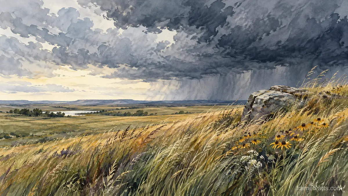 Prairie grass rippling beneath storm clouds – loose watercolor Samsung Frame TV art, 4K