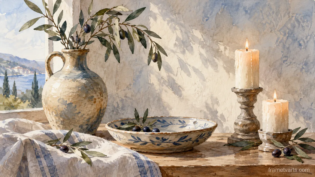 Candles and a shallow ceramic dish – watercolor still life Samsung Frame TV art, 4K