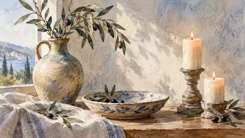 Candles and a shallow ceramic dish – watercolor still life Frame TV art