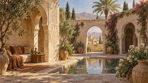 Desert courtyard with carved plaster arches – atmospheric oil painting Frame TV art
