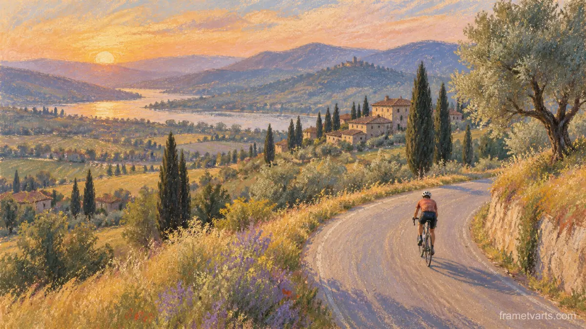 Cyclist on a winding country road – loose pastel drawing Samsung Frame TV art, 4K