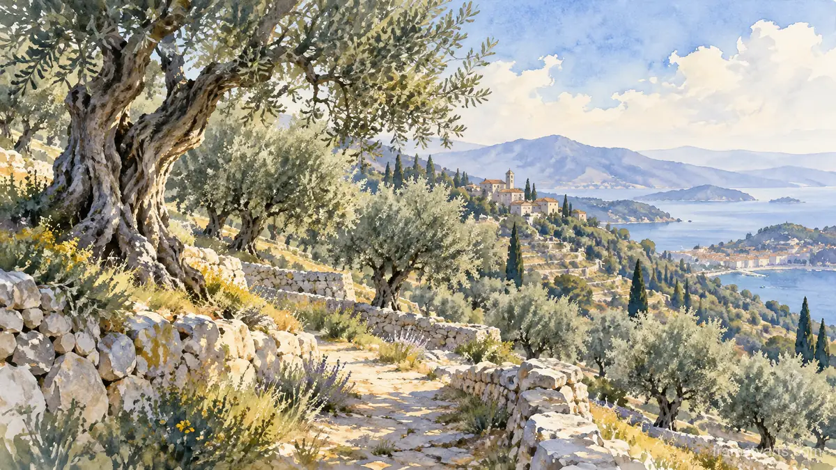 Olive grove on terraced limestone hills – loose watercolor Samsung Frame TV art, 4K