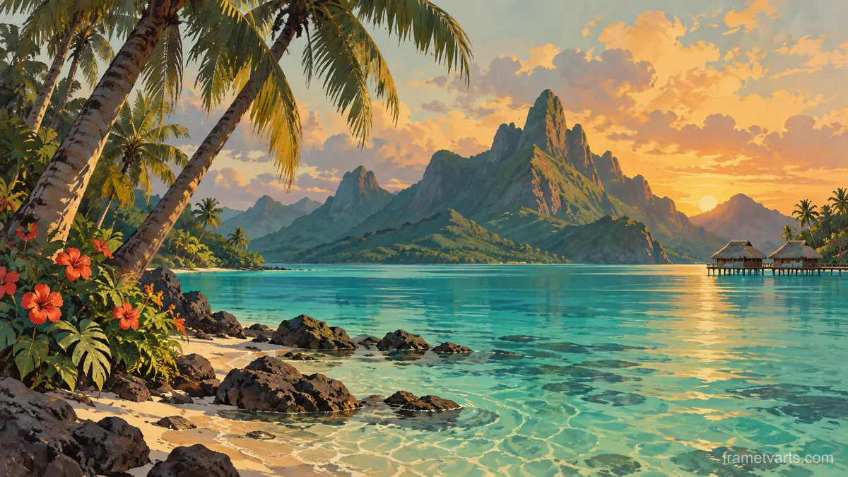Tropical lagoon beneath leaning palms – vintage travel illustration without text Samsung Frame TV art, 4K