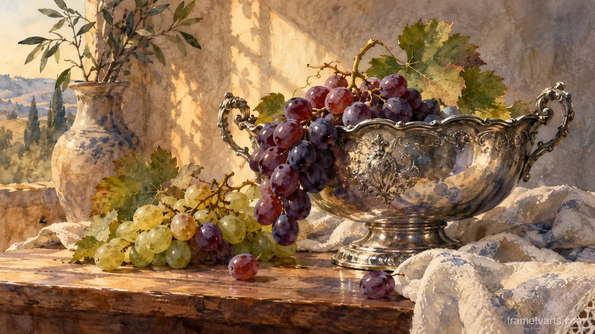 Grapes beside an antique silver bowl – watercolor still life Samsung Frame TV art, 4K