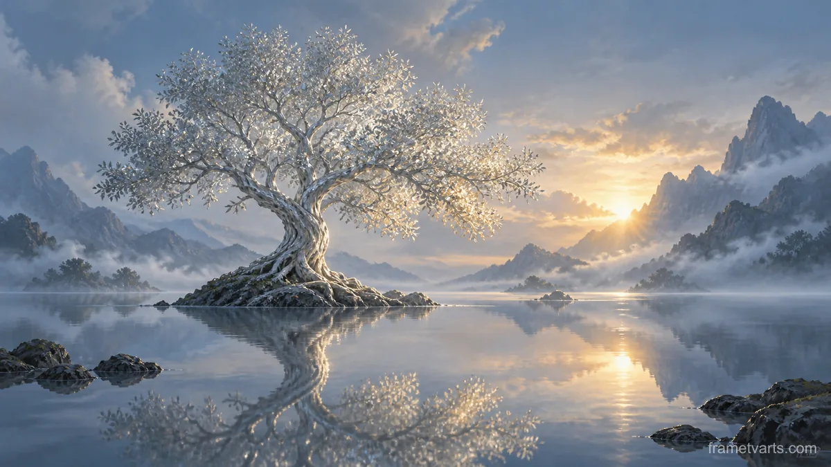 Silver tree growing from a still lake – luminous digital painting Samsung Frame TV art, 4K