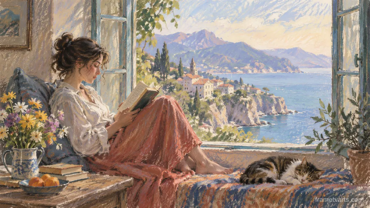 Reader beside an open window – loose pastel drawing Samsung Frame TV art, 4K