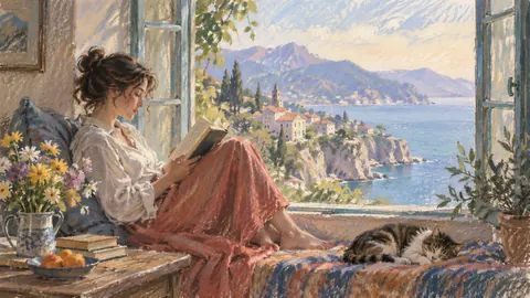 Reader beside an open window – loose pastel drawing Frame TV art