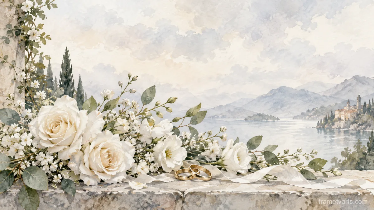 Wedding white florals and two interlocking plain rings – elegant watercolor Samsung Frame TV art, 4K