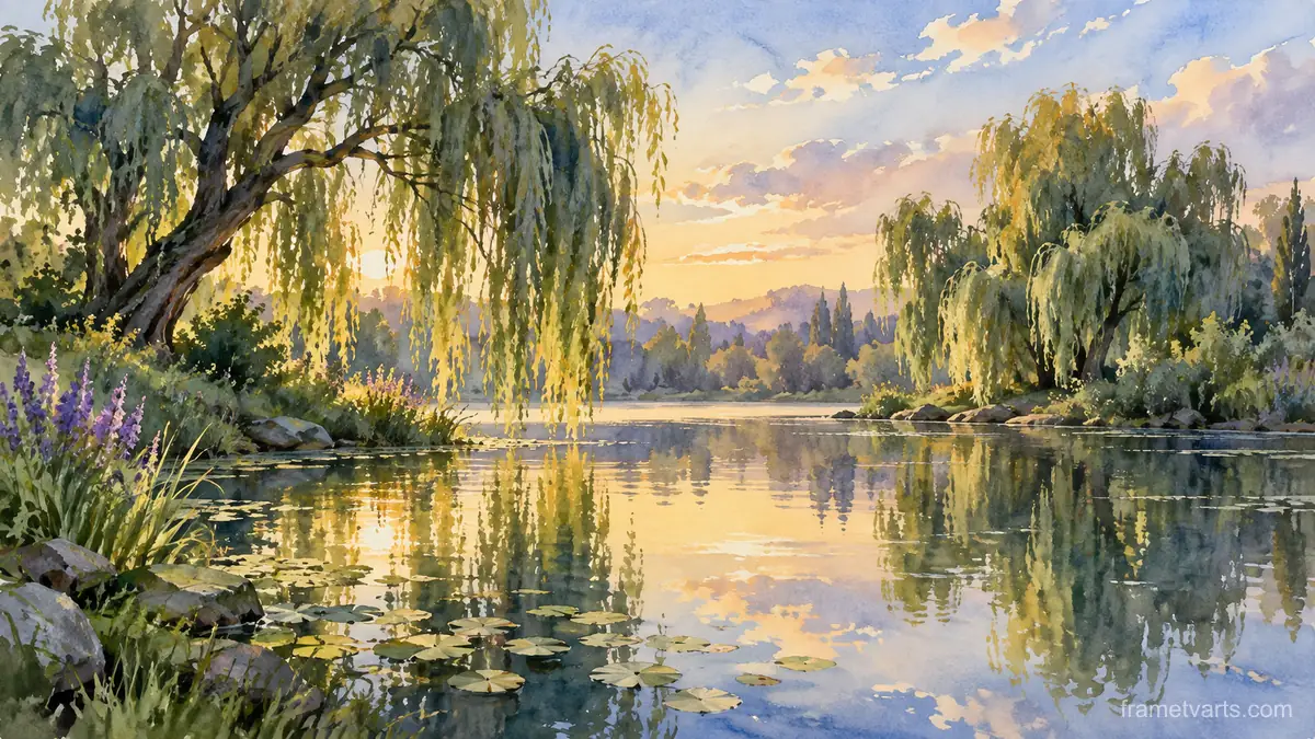 Willow trees reflected in a still pond – loose watercolor Samsung Frame TV art, 4K
