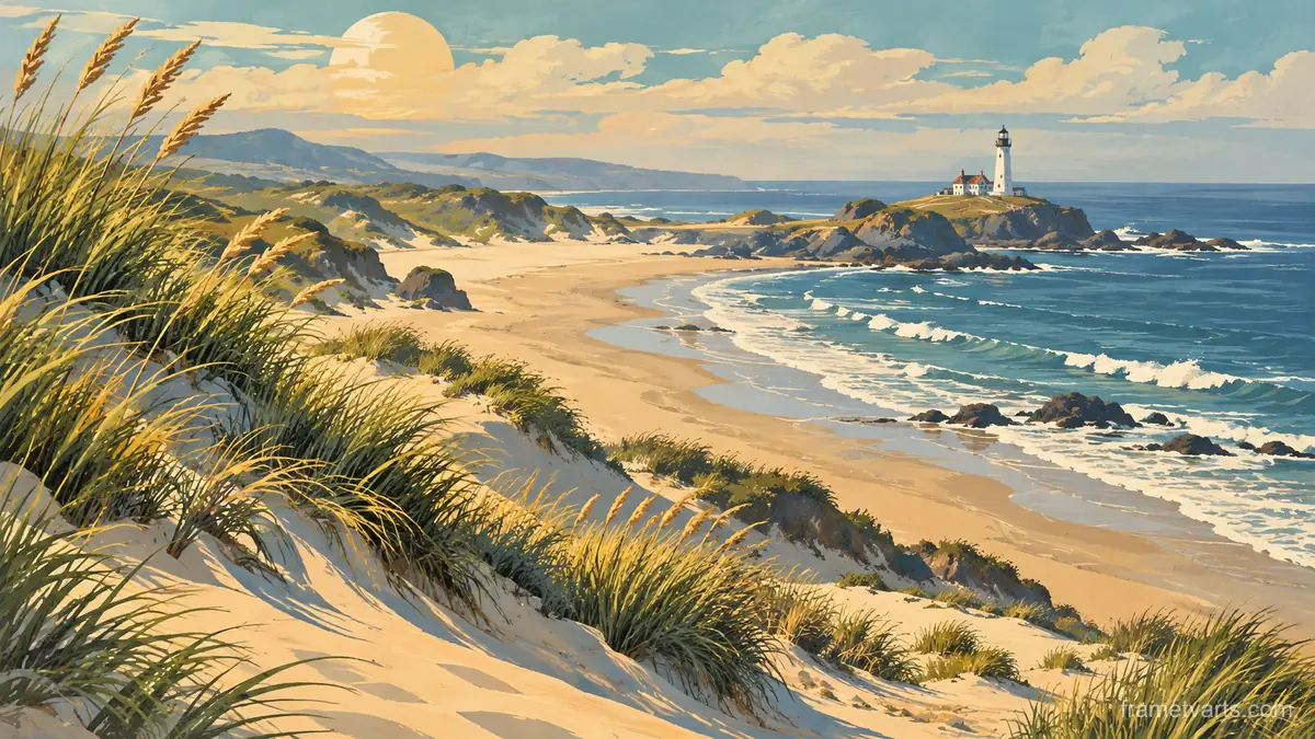 Dune grass and a distant lighthouse – vintage travel illustration without text Samsung Frame TV art, 4K