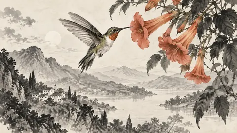 Hummingbird hovering beside trumpet flowers – restrained ink illustration Frame TV art