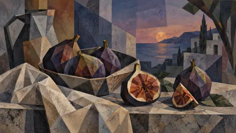 Figs and a linen napkin on a stone table – cubist still life Frame TV art