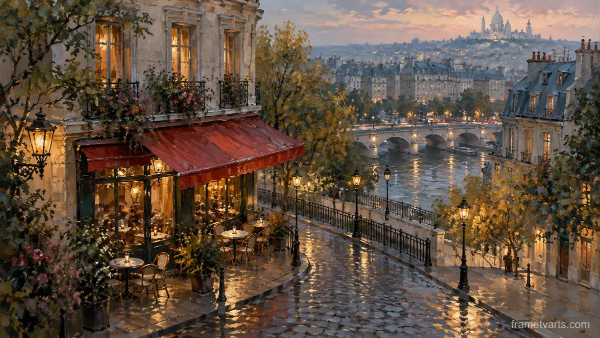 Quiet Paris-inspired corner cafe without lettering – atmospheric oil painting Samsung Frame TV art, 4K