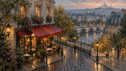 Quiet Paris-inspired corner cafe without lettering – atmospheric oil painting Frame TV art