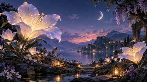 Garden of oversized delicate night flowers – luminous digital painting Frame TV art