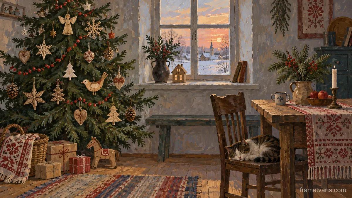 Christmas evergreen with handmade-looking plain ornaments – decorative folk gouache Samsung Frame TV art, 4K