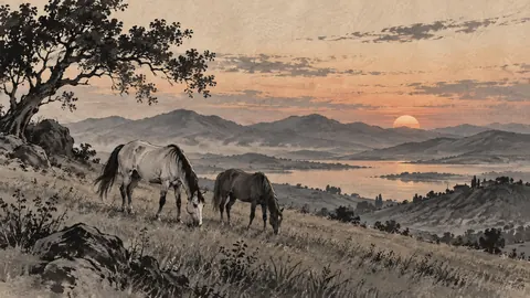 Two horses grazing on rolling pasture – restrained ink illustration Frame TV art