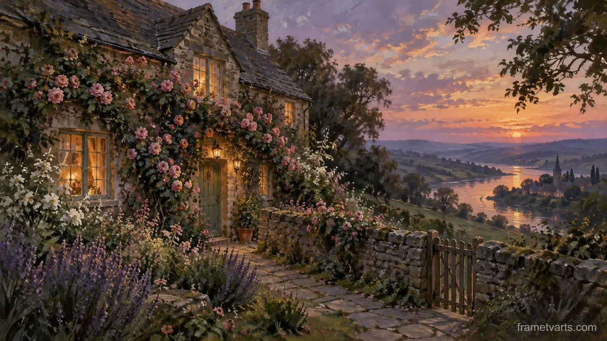 English cottage with a climbing rose garden – atmospheric oil painting Samsung Frame TV art, 4K
