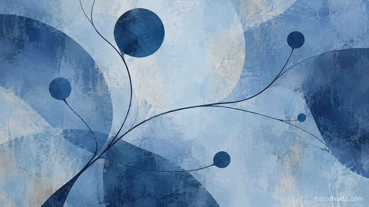 Minimal branching lines with small solid forms – cool blue lyrical abstraction Samsung Frame TV art, 4K