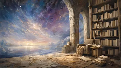 Dreamlike library opening onto a galaxy – luminous digital painting Frame TV art