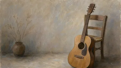 Acoustic guitar leaning against a plain chair – loose pastel drawing Frame TV art