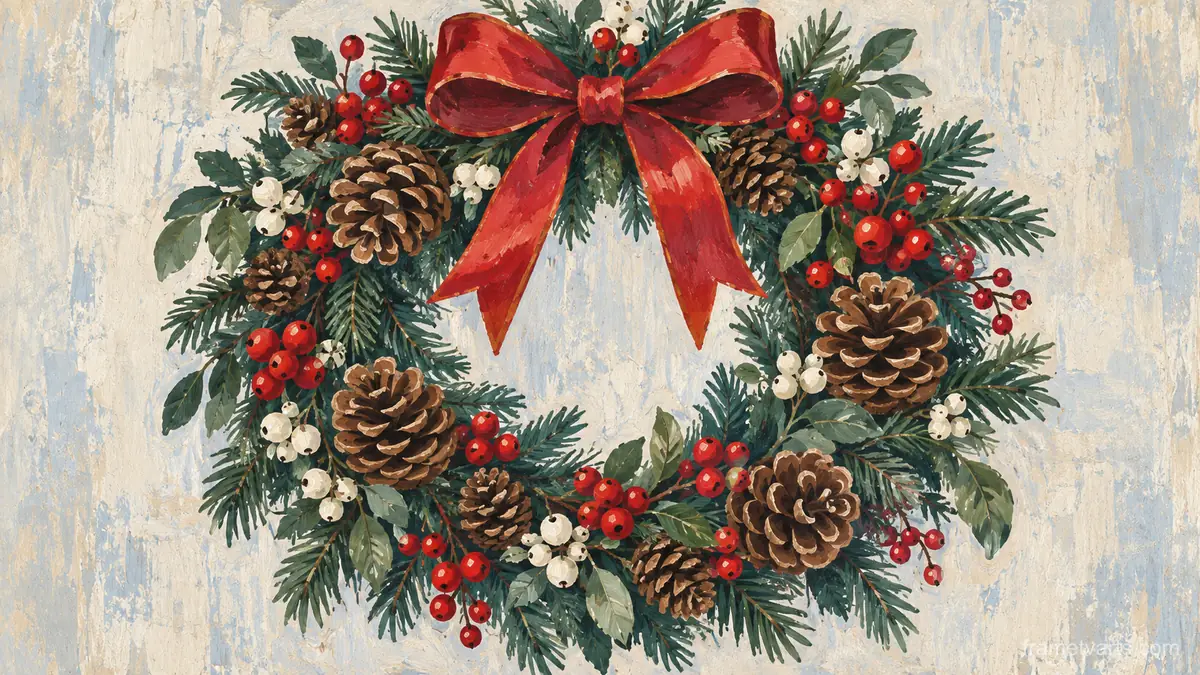Christmas wreath of pine cones and winter berries – decorative folk gouache Samsung Frame TV art, 4K