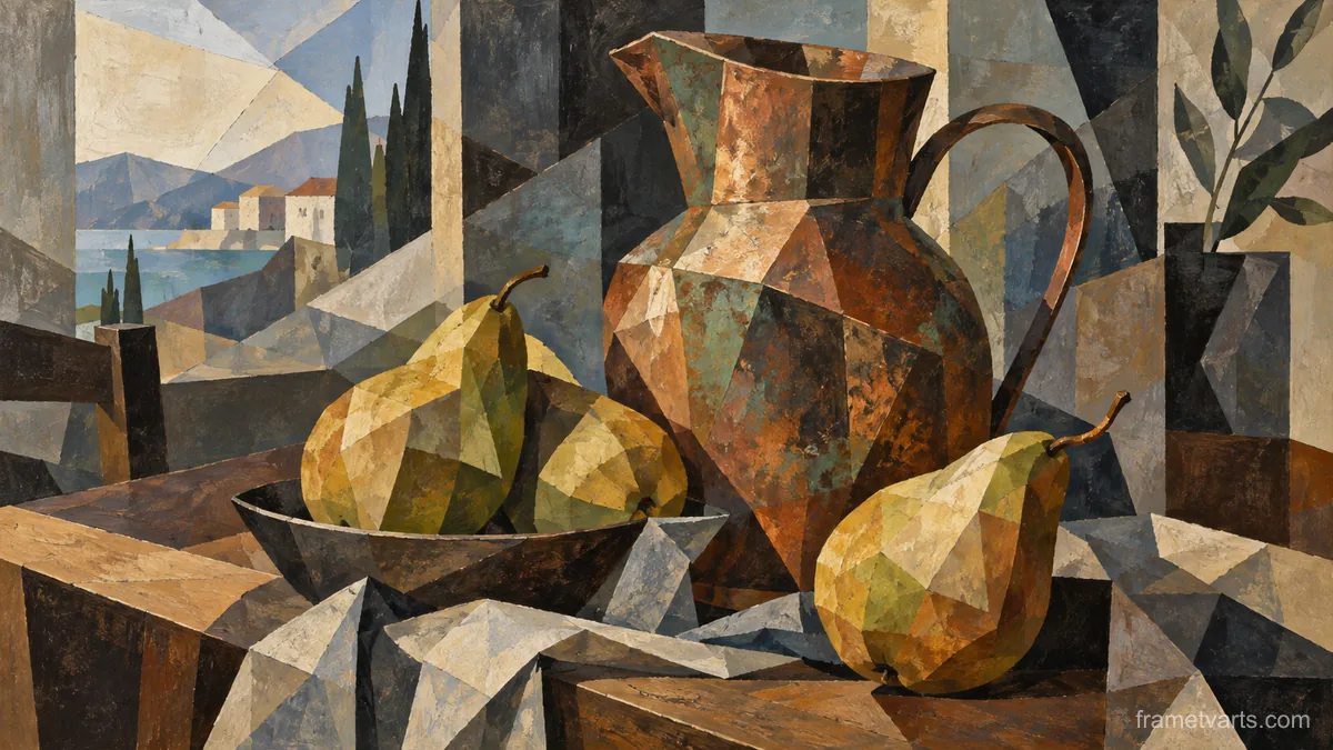 Pears beside a weathered copper jug – cubist still life Samsung Frame TV art, 4K