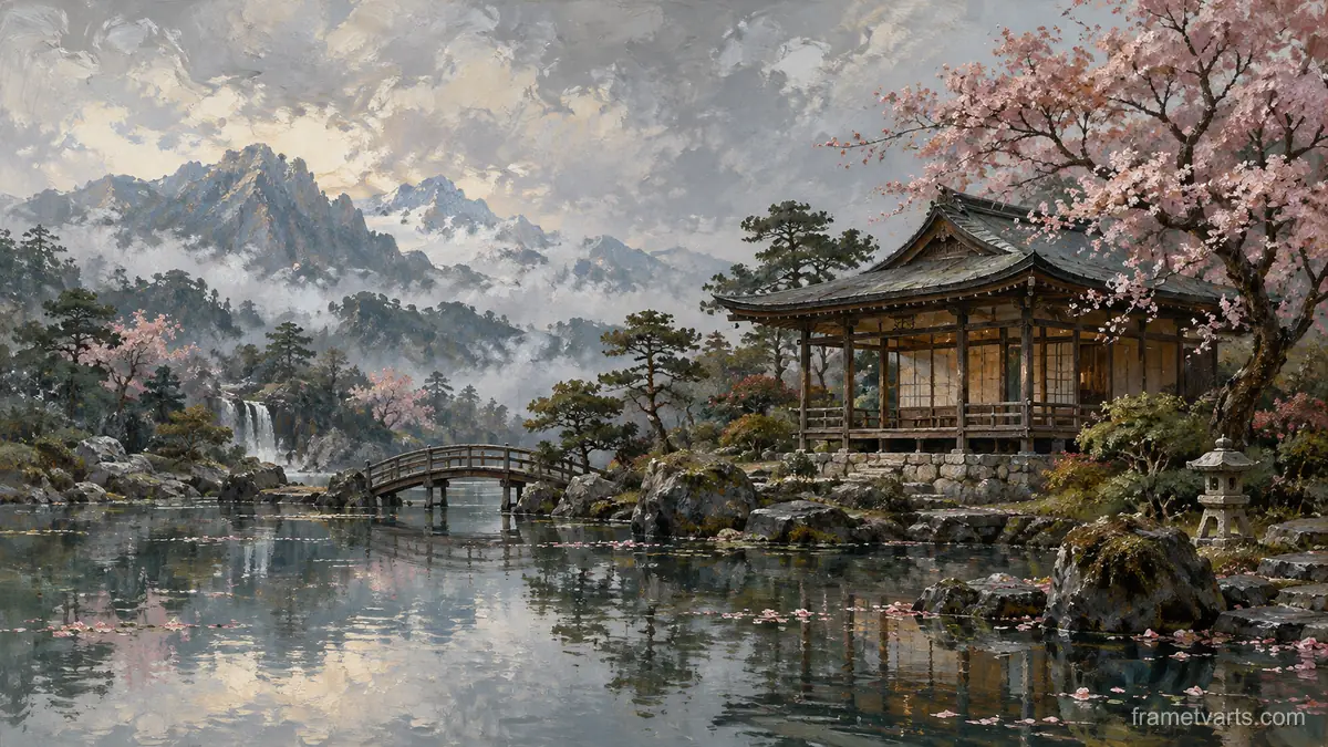 Japanese-inspired wooden garden pavilion – atmospheric oil painting Samsung Frame TV art, 4K