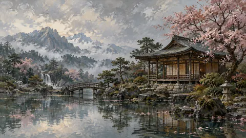 Japanese-inspired wooden garden pavilion – atmospheric oil painting Frame TV art