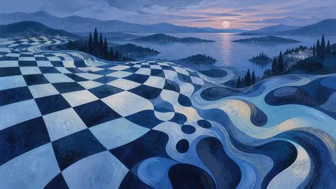Bold checkerboard dissolving into organic shapes – cool blue lyrical abstraction Frame TV art