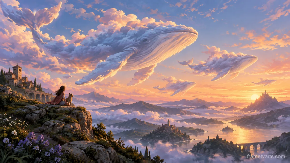 Cloud-shaped whales crossing a twilight sky – luminous digital painting Samsung Frame TV art, 4K