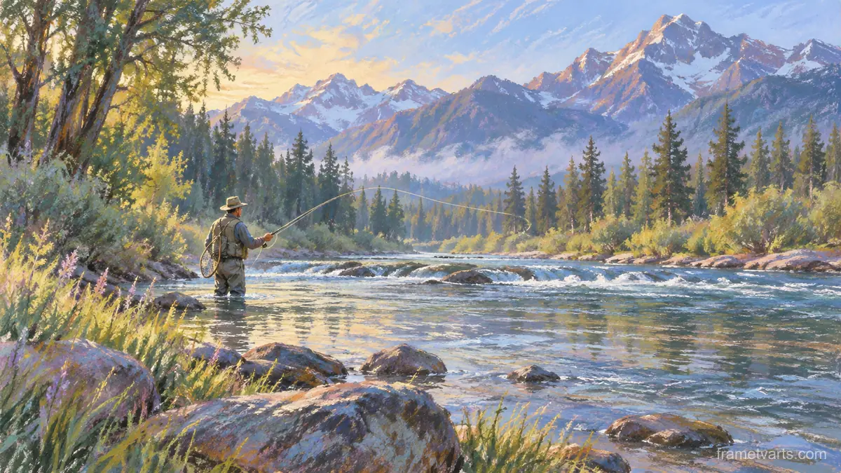 Fly fishing on a tranquil river – loose pastel drawing Samsung Frame TV art, 4K