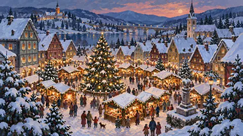 Snowy Christmas market without signs – decorative folk gouache Frame TV art