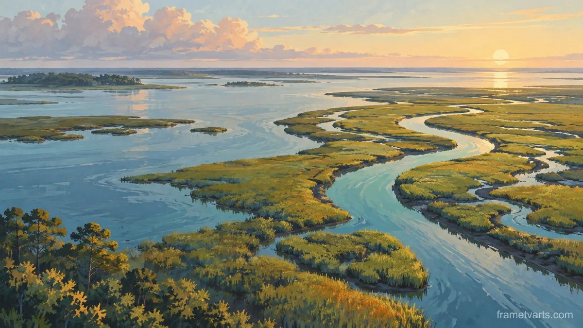 Salt marsh channels seen from above – vintage travel illustration without text Samsung Frame TV art, 4K