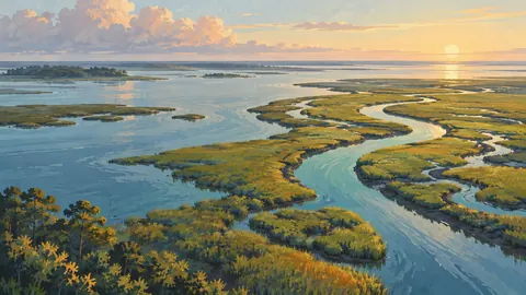 Salt marsh channels seen from above – vintage travel illustration without text Frame TV art