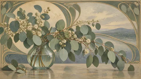 Eucalyptus sprays in a simple glass vessel – decorative art nouveau painting Frame TV art