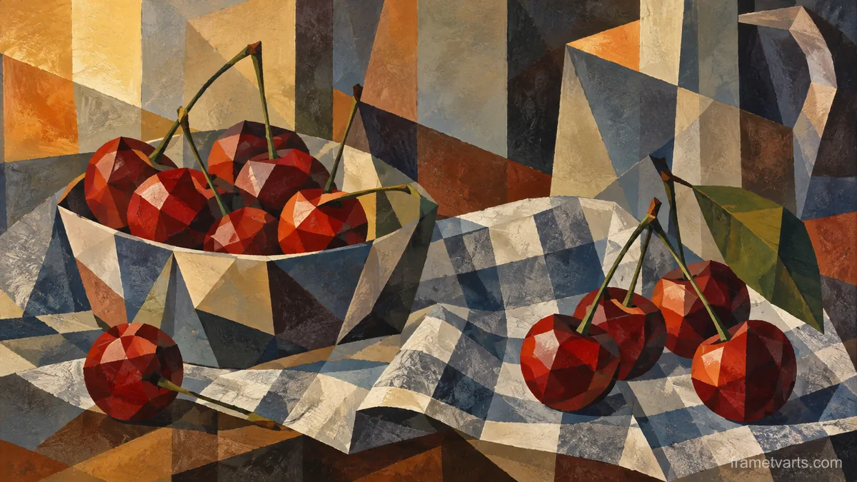 Cherries on a folded checked cloth – cubist still life Samsung Frame TV art, 4K