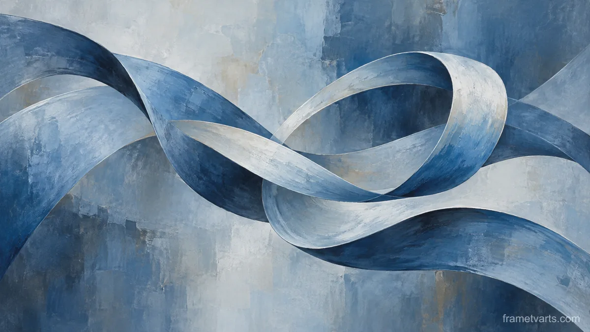Ribbonlike loops crossing a matte background – cool blue lyrical abstraction Samsung Frame TV art, 4K