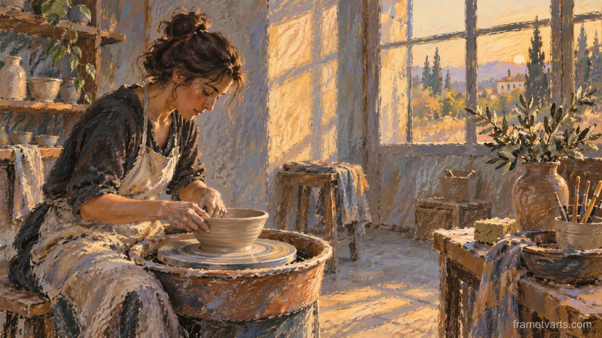 Potter shaping a bowl at a wheel – loose pastel drawing Samsung Frame TV art, 4K