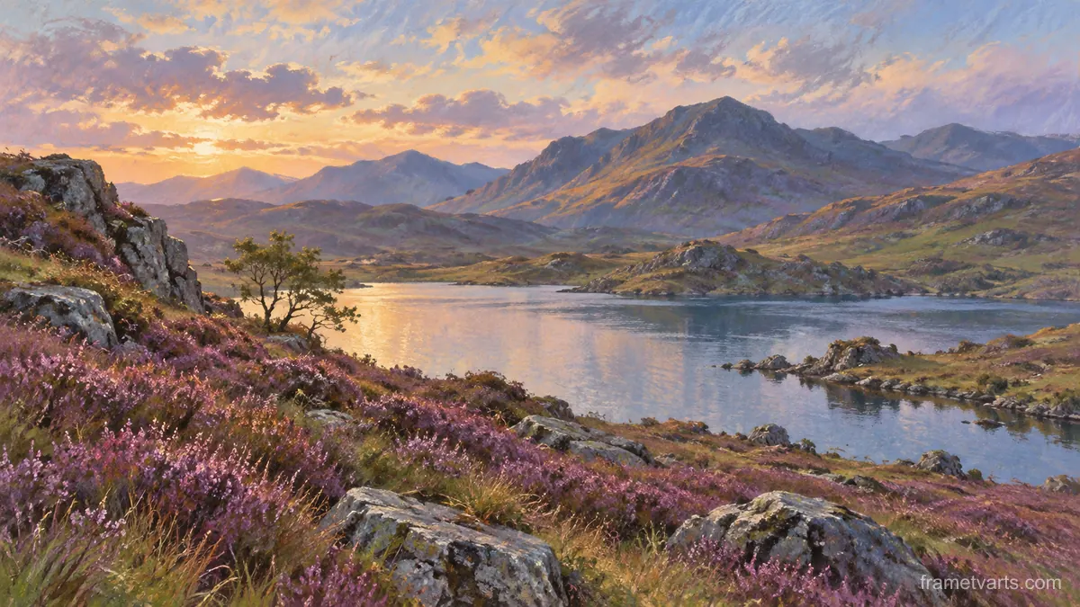 Highland tarn beneath heather slopes – soft pastel drawing Samsung Frame TV art, 4K