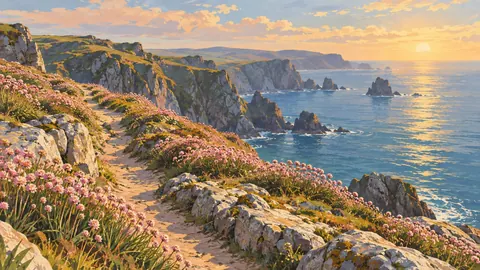 Clifftop path through pink thrift flowers – vintage travel illustration without text Frame TV art