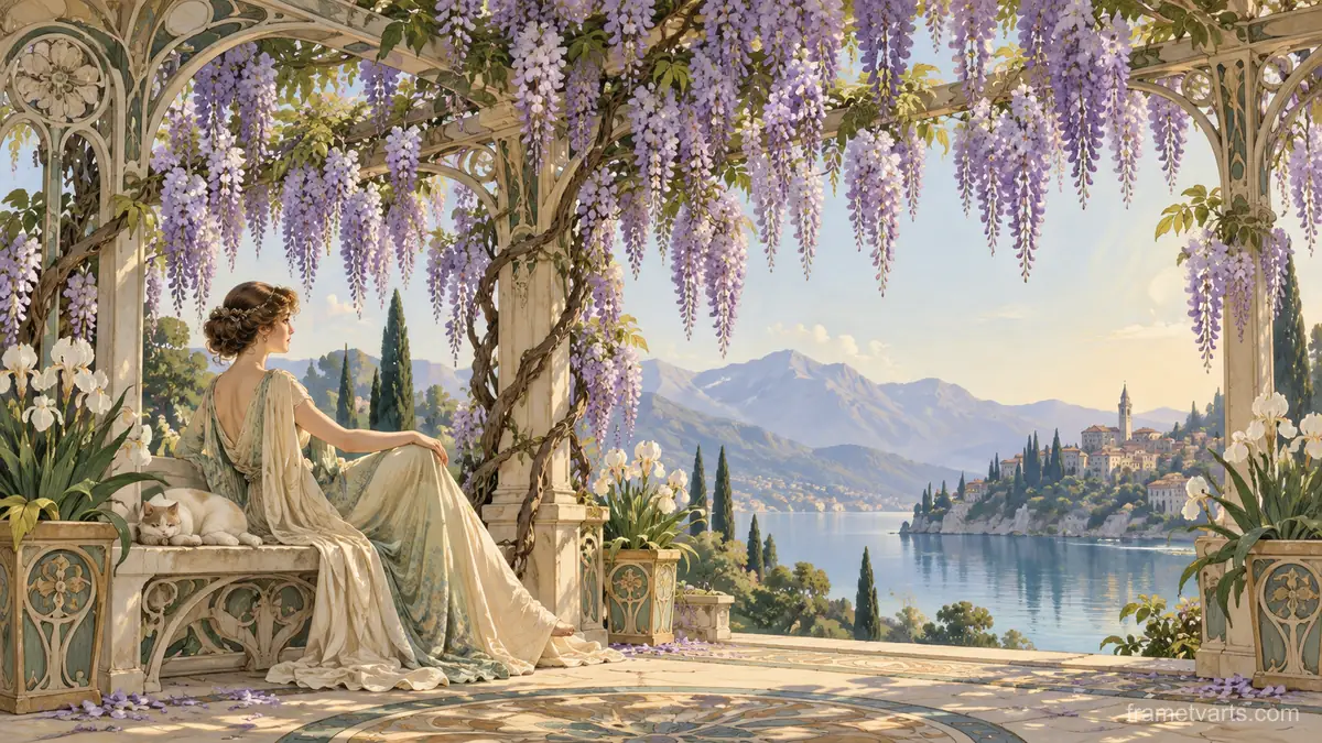 Wisteria cascading from a pergola – decorative art nouveau painting Samsung Frame TV art, 4K