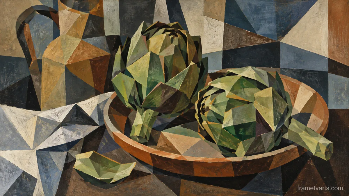 Artichokes and an earthenware plate – cubist still life Samsung Frame TV art, 4K