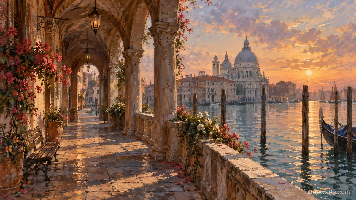 Venetian-inspired arcade beside still water – atmospheric oil painting Samsung Frame TV art, 4K