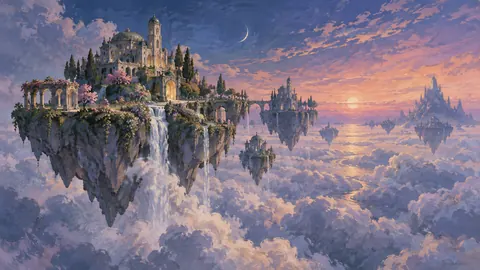 Floating garden islands over a cloud sea – restrained celestial gouache Frame TV art