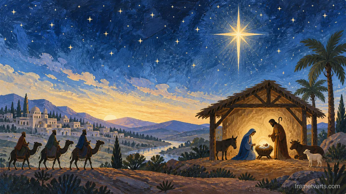 Nativity silhouette under a starry sky – decorative folk gouache Samsung Frame TV art, 4K