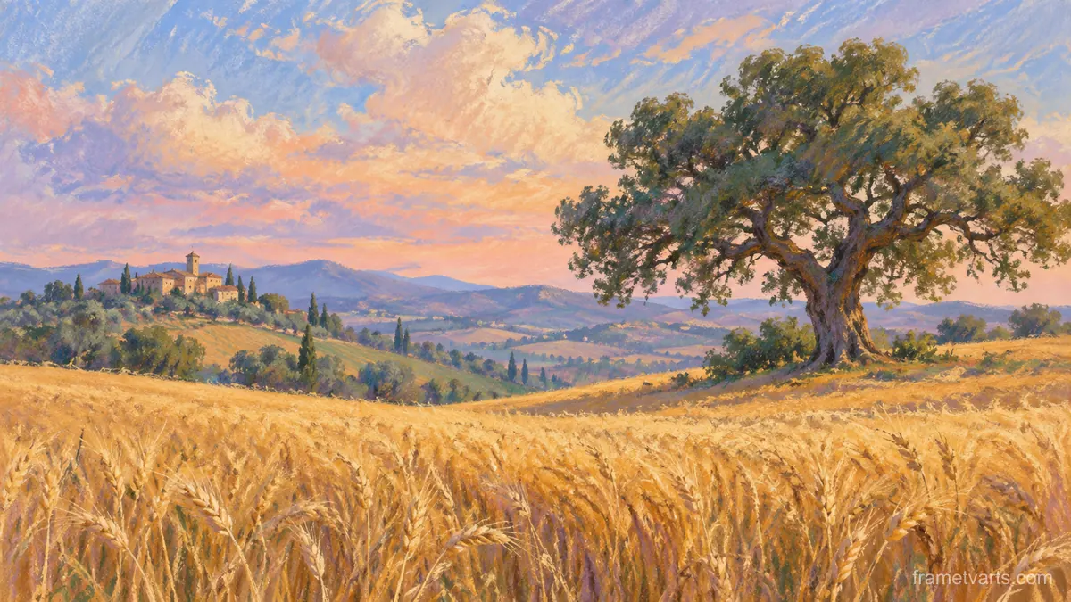 Golden wheat field and lone oak – soft pastel drawing Samsung Frame TV art, 4K