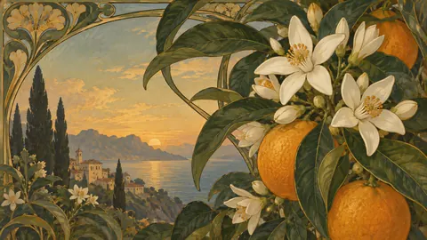 Citrus blossoms among dark green leaves – decorative art nouveau painting Frame TV art