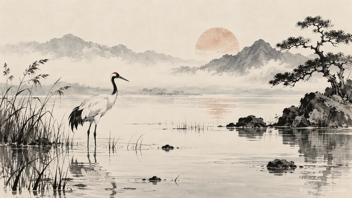 Crane standing in shallow water – restrained ink illustration Samsung Frame TV art, 4K