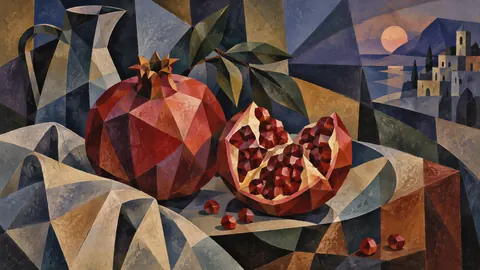 Pomegranate split beside whole fruit – cubist still life Frame TV art